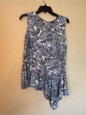 Blue Paisley Sleeveless Asymmetrical Tank Top